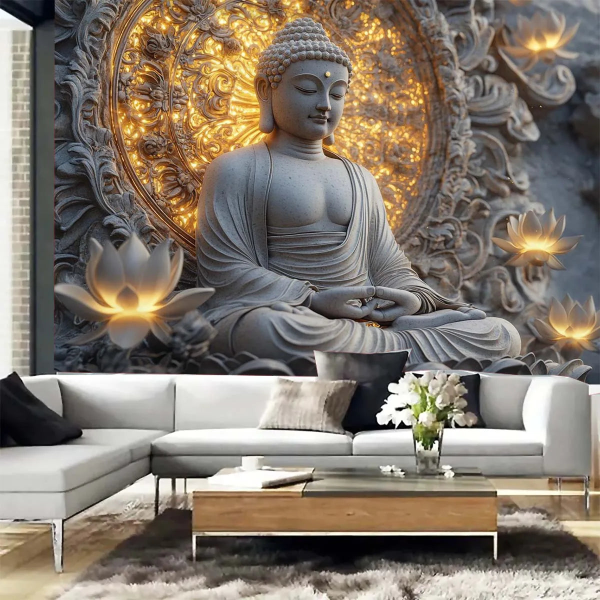 Statue de bouddha spirituel géante et tapisserie de Lotus suspendue au mur, tissu en Polyester Beige clair pêche pour salon, chambre à coucher, 1 pièce