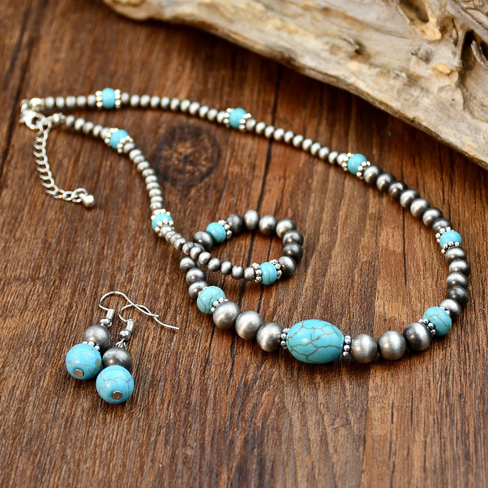 Ensemble de boucles d'oreilles et collier en Turquoise incrusté de perles rondes Vintage pour femmes, bijoux personnalisés à la mode faits à la main, 2 pièces