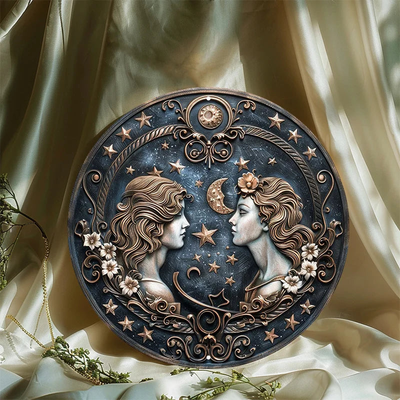 Signe du zodiaque Gémeaux en métal rond, art mural en aluminium avec impression HD, degré météo, pré-percé pour une confrontation facile