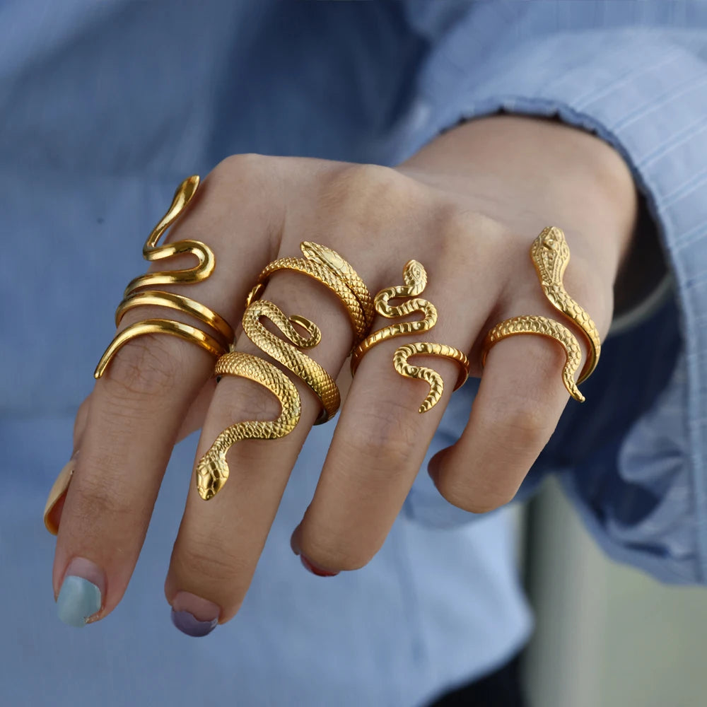 Bague Serpent Réglable en Acier Inoxydable Plaqué Or 316L – Style Gothique Vintage Unisexe