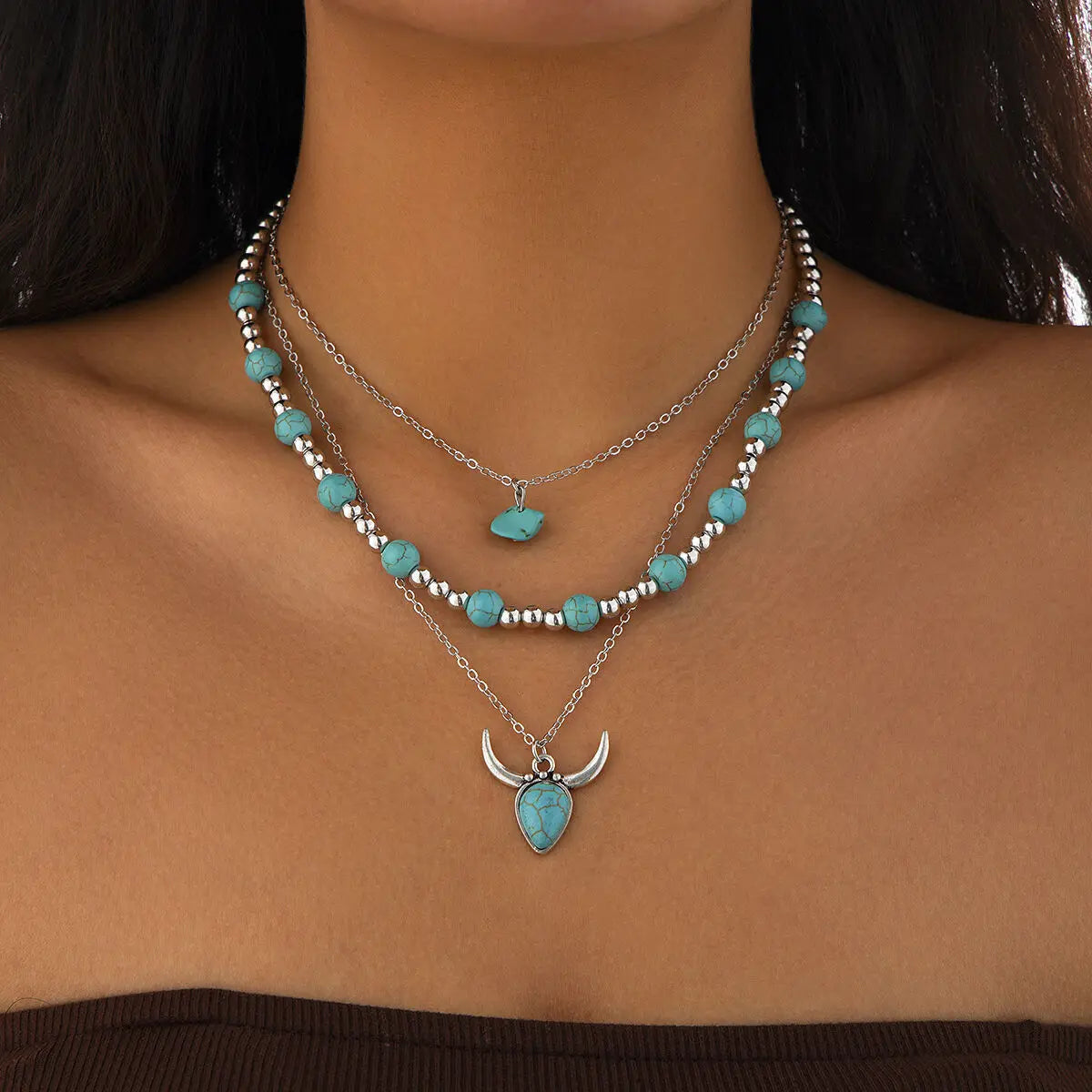 KunJoe-Collier Ras du Cou en Pierre Naturelle Bleue Vintage pour Femme, Pendentif Bohème Géométrique, Bijoux à Col en Forme de Cheminée, 3 Pièces
