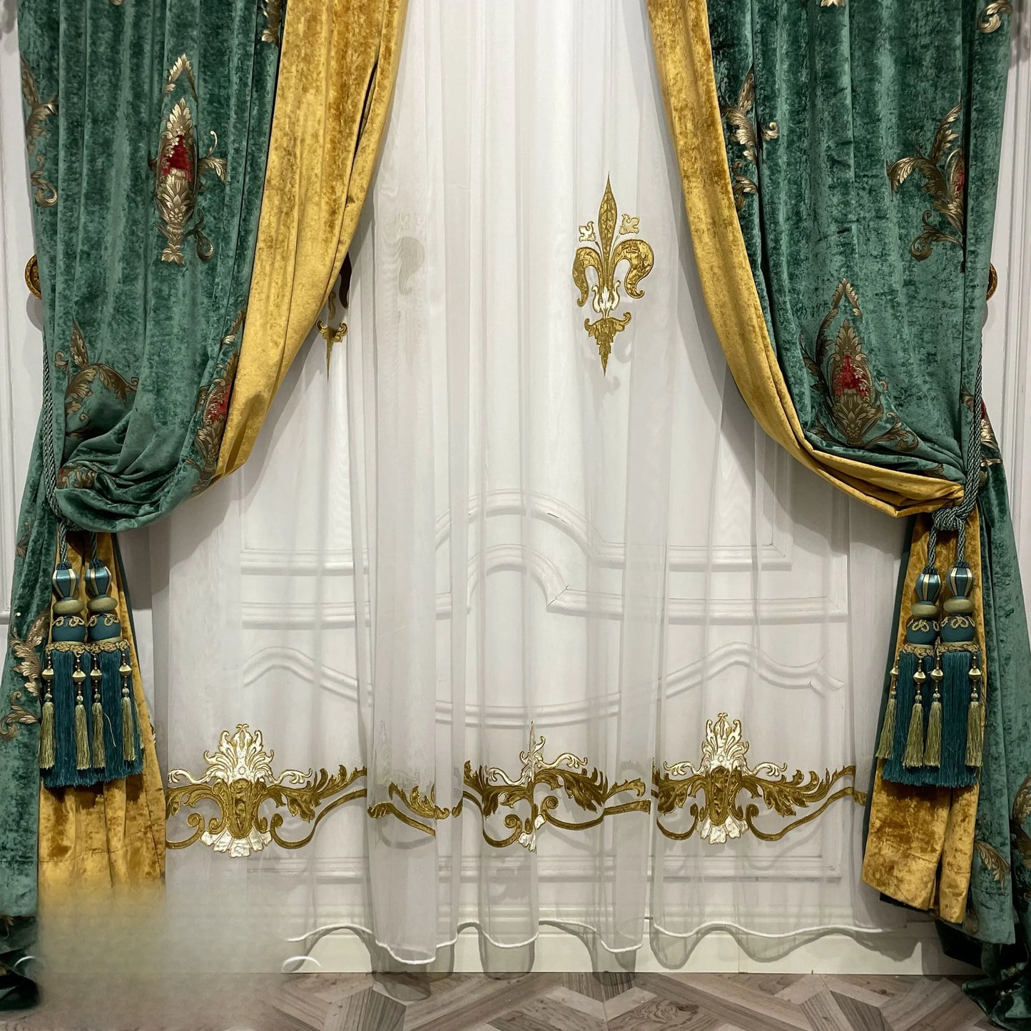 Rideaux Vintage en velours brodé vert foncé, Patchwork doré, pour salon, chambre à coucher, balcon, Villa, cantonnière personnalisée