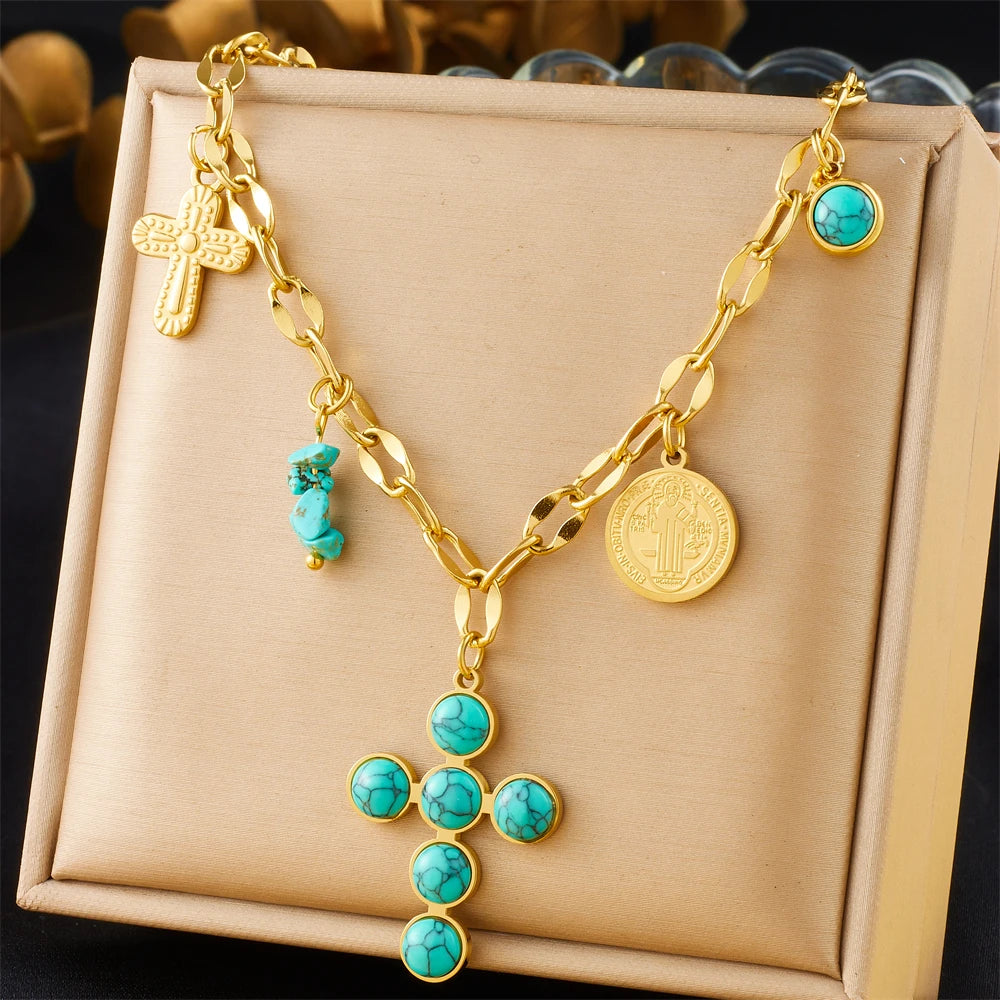 DIEYURO 316L acier inoxydable rond Turquoise incrusté croix pendentif collier pour femmes fille nouvelle mode cou chaîne bijoux cadeau