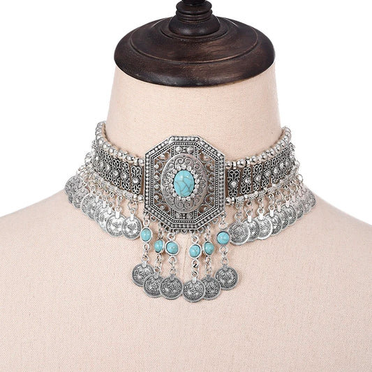 Collier ethnique pour femmes, ras du cou, bohème, Vintage, creux, géométrique, cristal, strass, perles, pièce de monnaie, pompon, bijoux