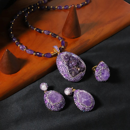 Ensemble de collier et boucles d'oreilles en améthyste naturelle et Zircon, bijoux de luxe de Style coréen pour femmes et filles, cadeau GS0198