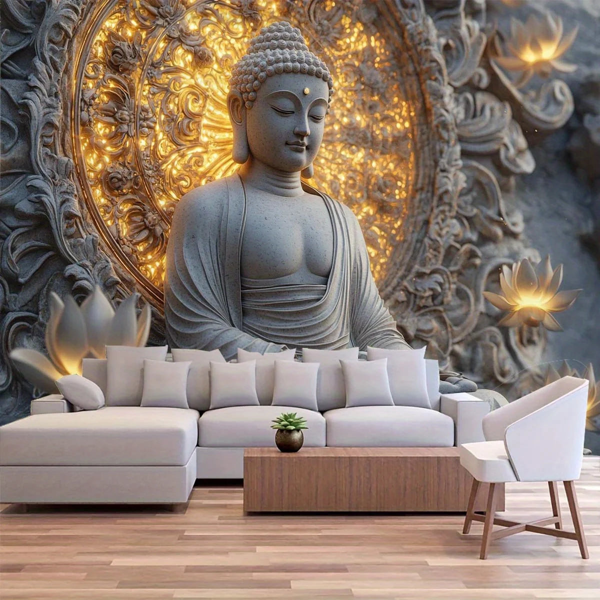 Statue de bouddha spirituel géante et tapisserie de Lotus suspendue au mur, tissu en Polyester Beige clair pêche pour salon, chambre à coucher, 1 pièce
