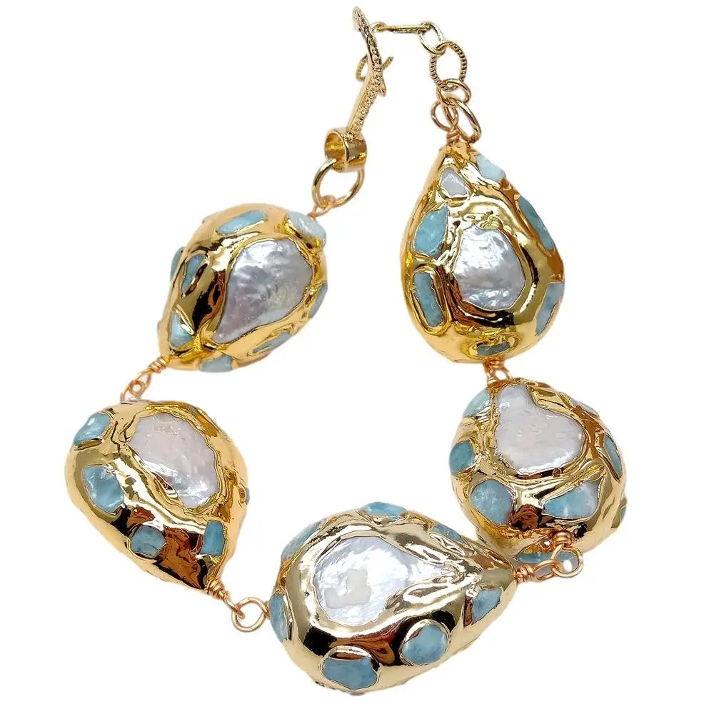 YYGEM – Bracelet portefeuille plaqué or, pièce de monnaie blanche naturelle, perle d'eau douce, 22x28mm, puces larimar bleues, goutte d'eau, 9 pouces