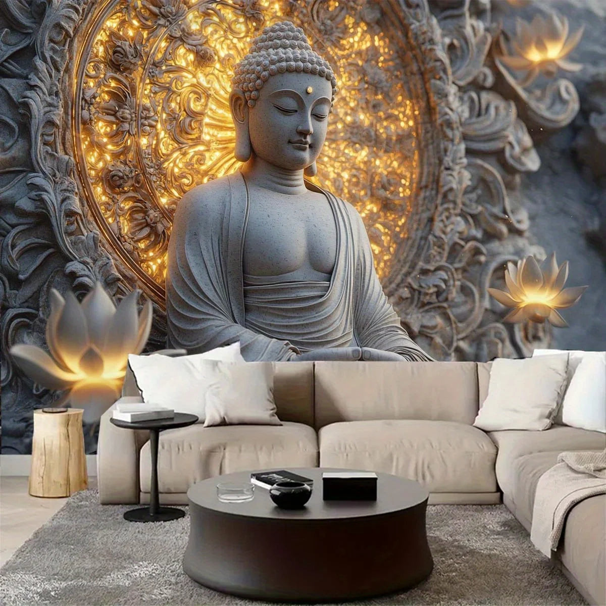 Statue de bouddha spirituel géante et tapisserie de Lotus suspendue au mur, tissu en Polyester Beige clair pêche pour salon, chambre à coucher, 1 pièce