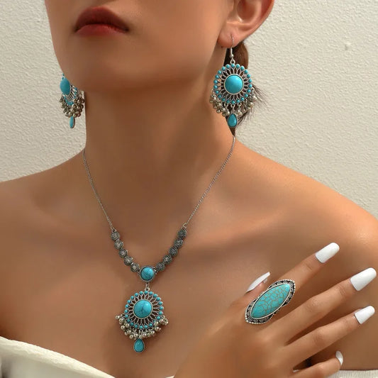 Ensemble de bijoux Vintage en pierre Turquoise pour femmes, décoration en forme de goutte d'eau, collier, boucles d'oreilles, bague, ensemble pour femmes