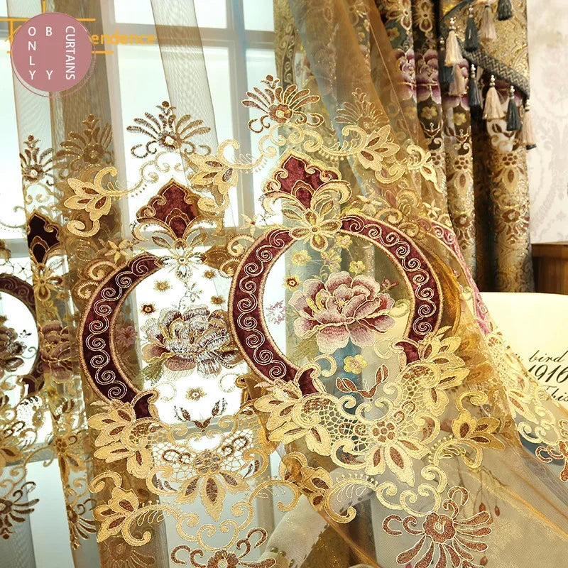 Rideaux brodés de luxe pour salon et chambre à coucher, cantonnière moderne en velours doré, tulle de fond de paupières de fenêtres, Europe