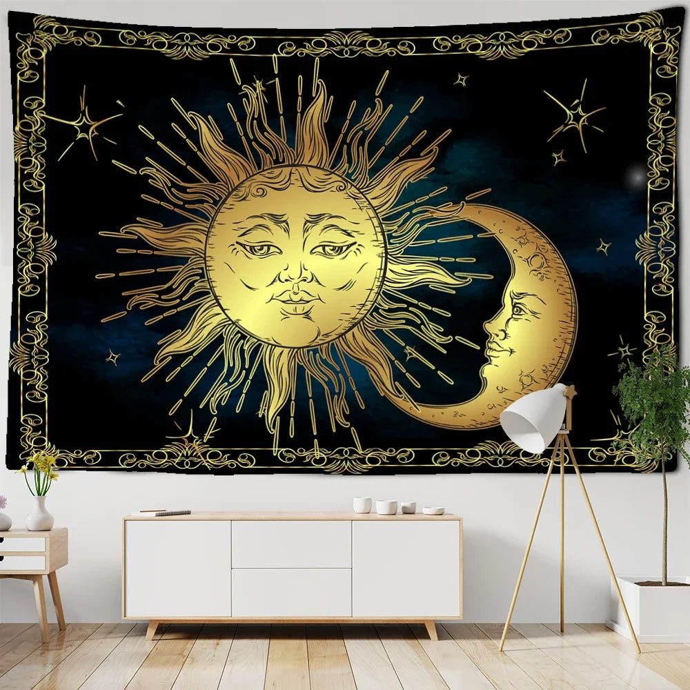 Grande Tapisserie de Soleil et Lune, Mandala, Tarot, Sorcière, Mur, Face Céleste, Hiphélicoptère, Tapis Mural, Décor de Dortoir