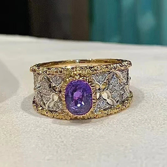 Bague Huitan en zircone cubique violette, motif ajouré bicolore – Élégance et raffinement pour femmes