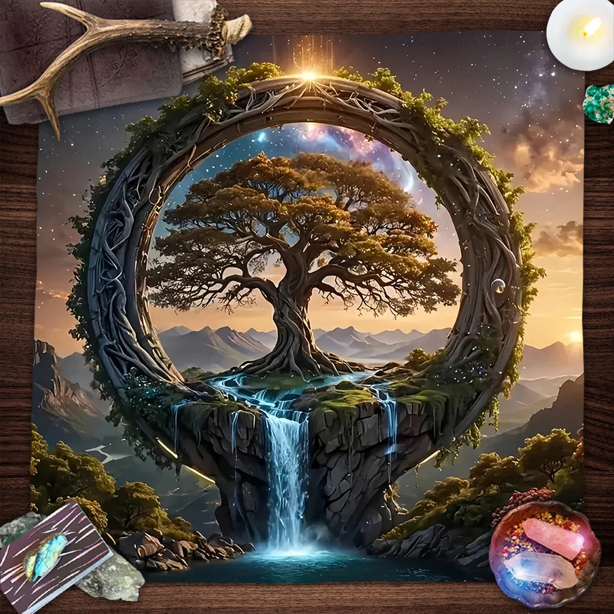 Nappe de carte de Tarot arbre de vie en Polyester, ciel étoilé, vue sur le lac, tissu d'autel, sorcellerie, Divination païenne, sorcière, décor de salle de maison