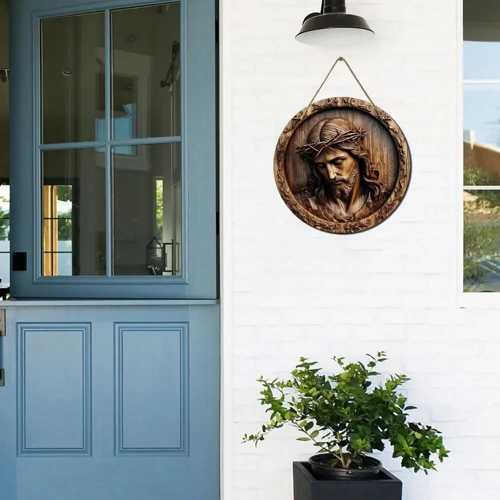 Panneau de jésus religieux rétro, plat 2D peut être directement accroché avec une corde, panneau mural de noël rond rustique en bois, adapté à la maison
