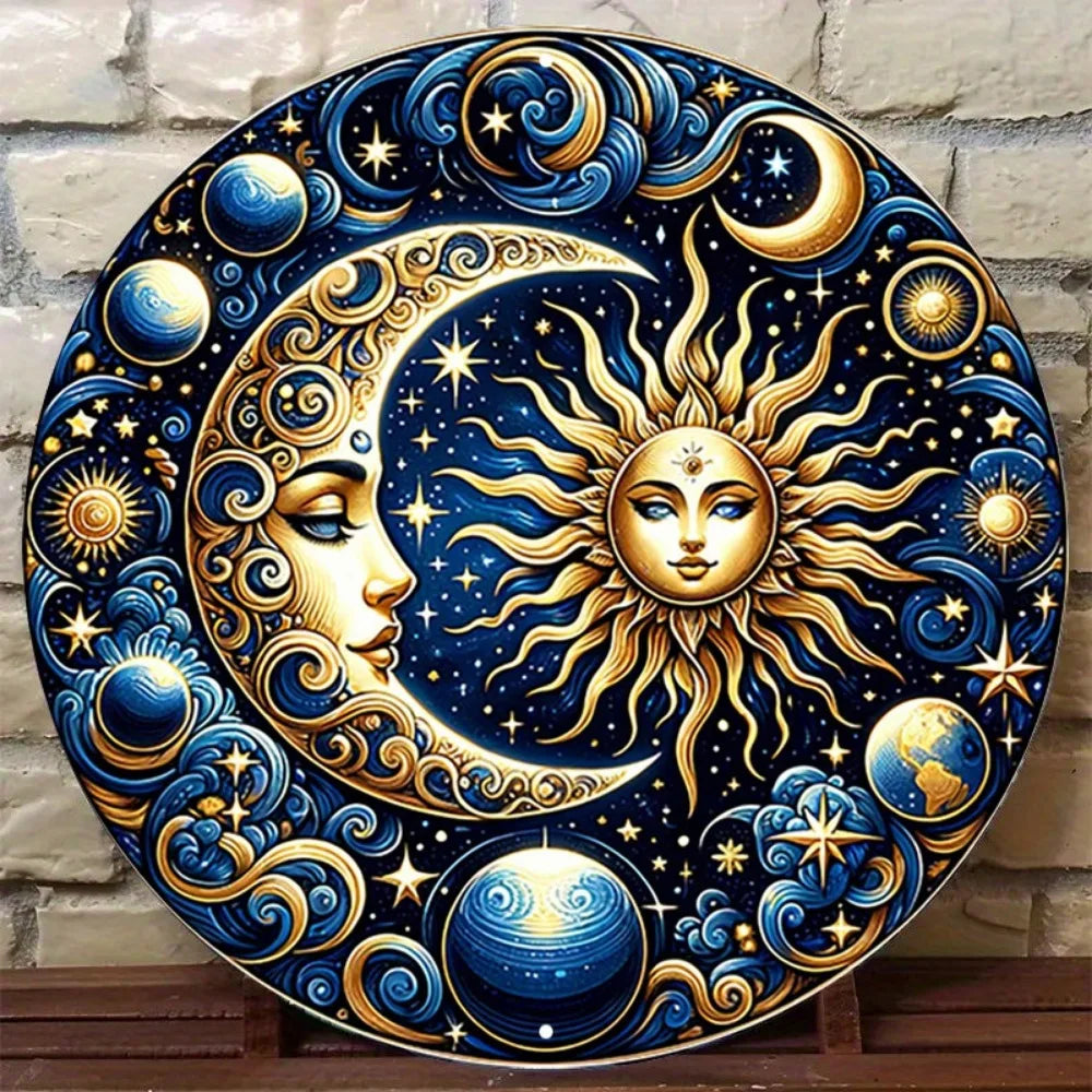 Art mural rond en fer vintage 2D plat «élégant soleil et lune céleste » idéal pour la chambre à coucher, la salle à manger, le yoga et la méditation