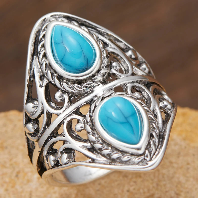 Bague rétro bohème couleur argent Imitation branche Turquoise, mode Style ethnique pour femmes, bijoux de fête, Festival, accessoires, cadeau