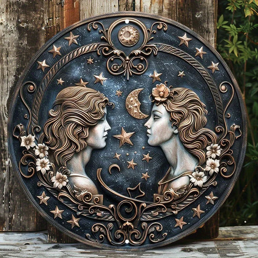 Signe du zodiaque Gémeaux en métal rond, art mural en aluminium avec impression HD, degré météo, pré-percé pour une confrontation facile