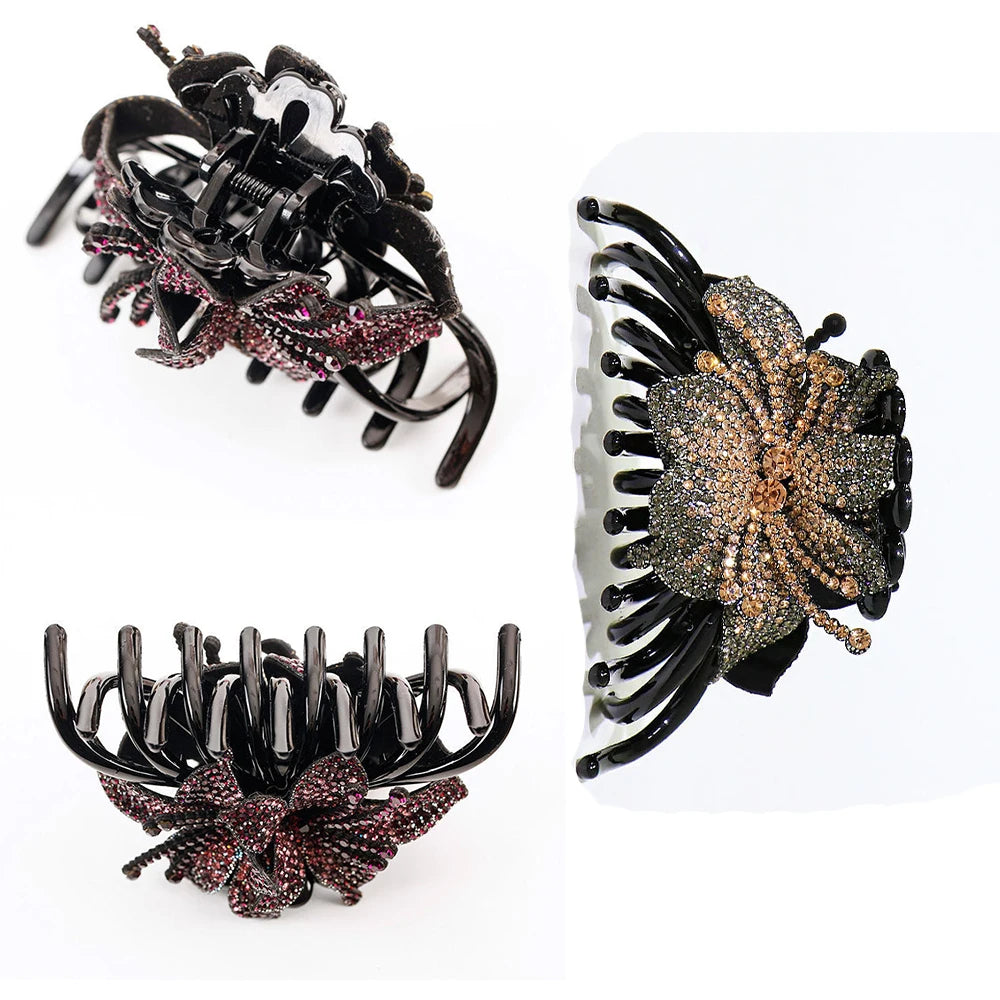 Pinces à cheveux à Double fleur, épingles à cheveux pour filles et femmes, Barrettes à strass, accessoires pour cheveux en forme de crabe, nouvelle collection