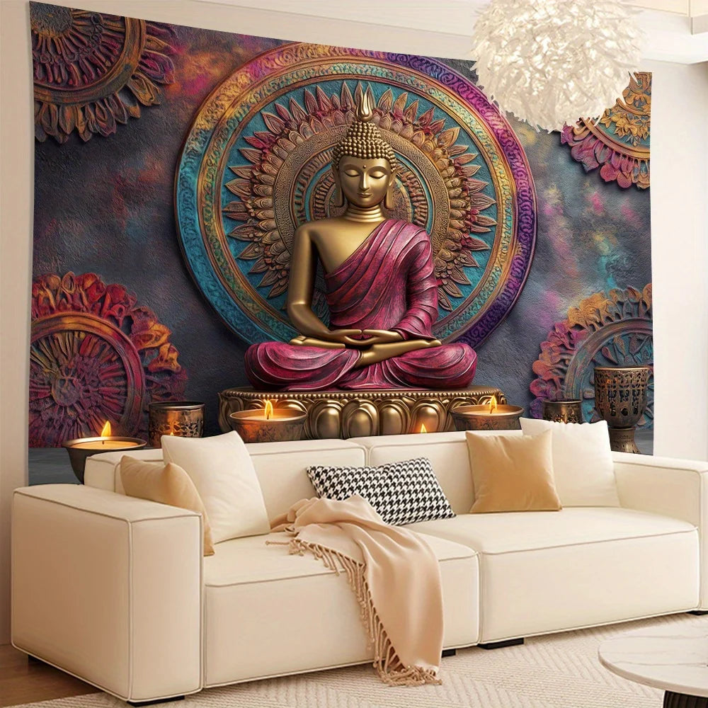 Tapisserie de bouddha 3D, décoration murale élégante en polyester pour salon, chambre à coucher, bureau, idéale pour la maison et l'ambiance de fête