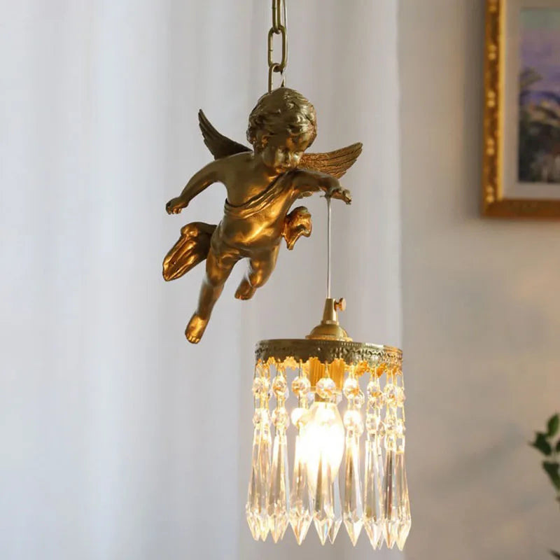Petit lustre en cristal d'ange en cuivre de style palais français rétro, lampe de chevet, éclairage suspendu, couloir, porche, balcon