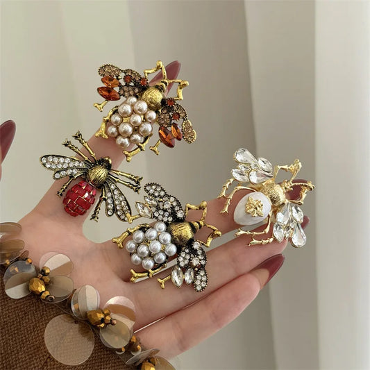Bague Vintage en perles de cristal abeille, ouverte et réglable, pour femmes et filles, bagues d'insectes uniques, bijoux de fête, accessoire populaire