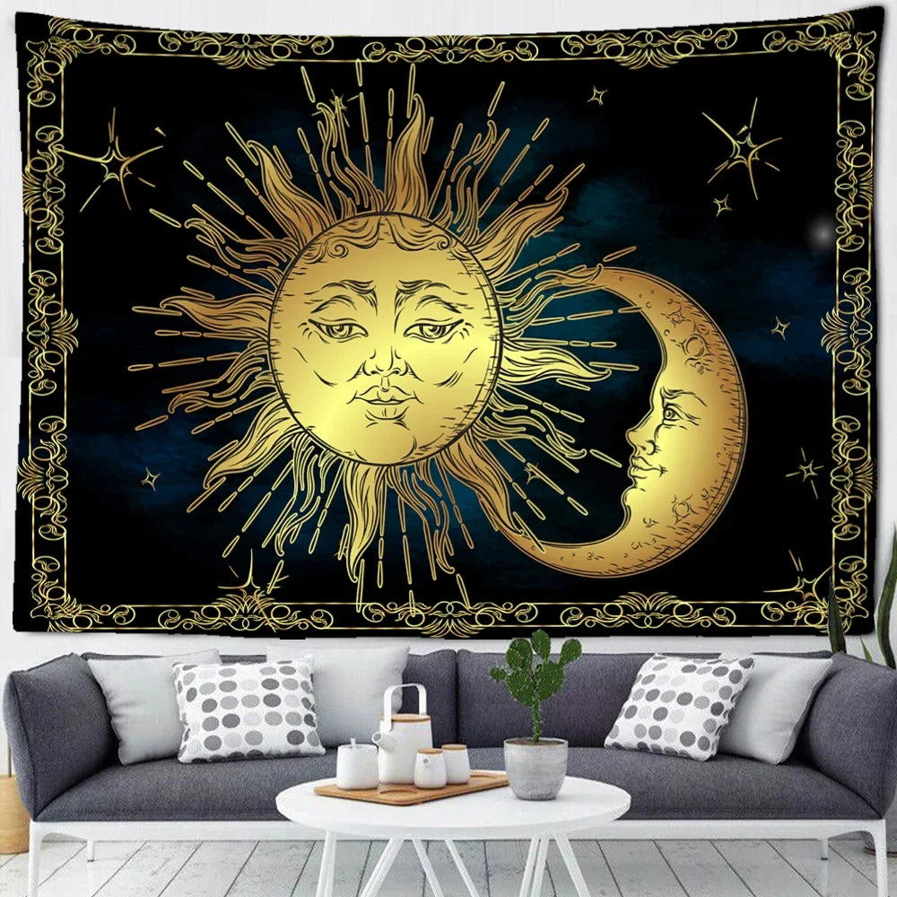 Grande Tapisserie de Soleil et Lune, Mandala, Tarot, Sorcière, Mur, Face Céleste, Hiphélicoptère, Tapis Mural, Décor de Dortoir