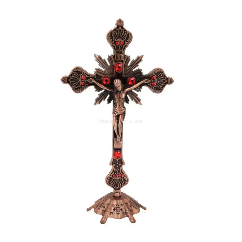 Figurines de reliques d'église, Crucifix de jésus-Christ sur le support, croix murale, autel religieux Antique, décoration de chapelle de maison, 4 couleurs