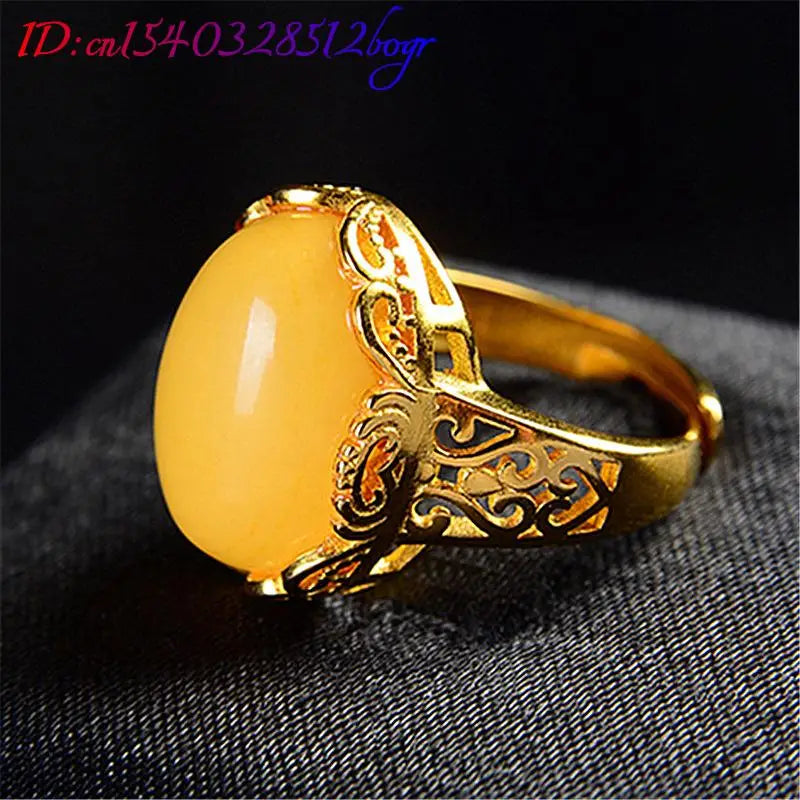 Bagues en ambre jaune, bijoux naturels, Talismans de luxe, amulette plaquée or 18 carats, bague réglable, cadeaux pour femmes