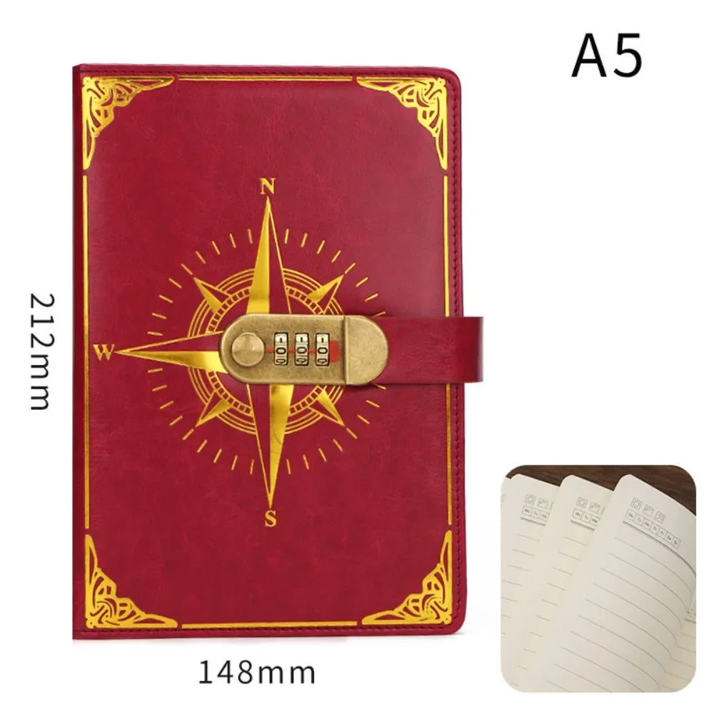 Carnet A5 Rétro Sécurisé avec Serrure – Journal Intime, Bloc-Notes Créatif et Boussole de Voyage