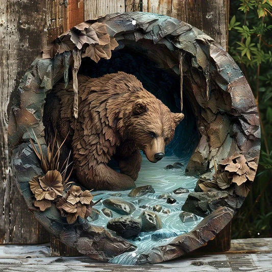 Panneau mural rond en aluminium avec scène de diversification d'ours brun rustique, degré UV et de rayures, facile à accrocher, décoration extérieure et intérieure