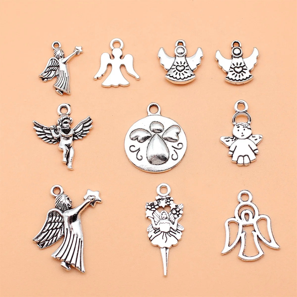 Collection de breloques d'ange en argent antique, document de bricolage, bijoux exécutifs, 10 styles, 1 pièce, 10 pièces