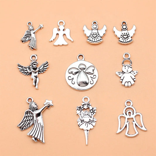 Collection de breloques d'ange en argent antique, document de bricolage, bijoux exécutifs, 10 styles, 1 pièce, 10 pièces