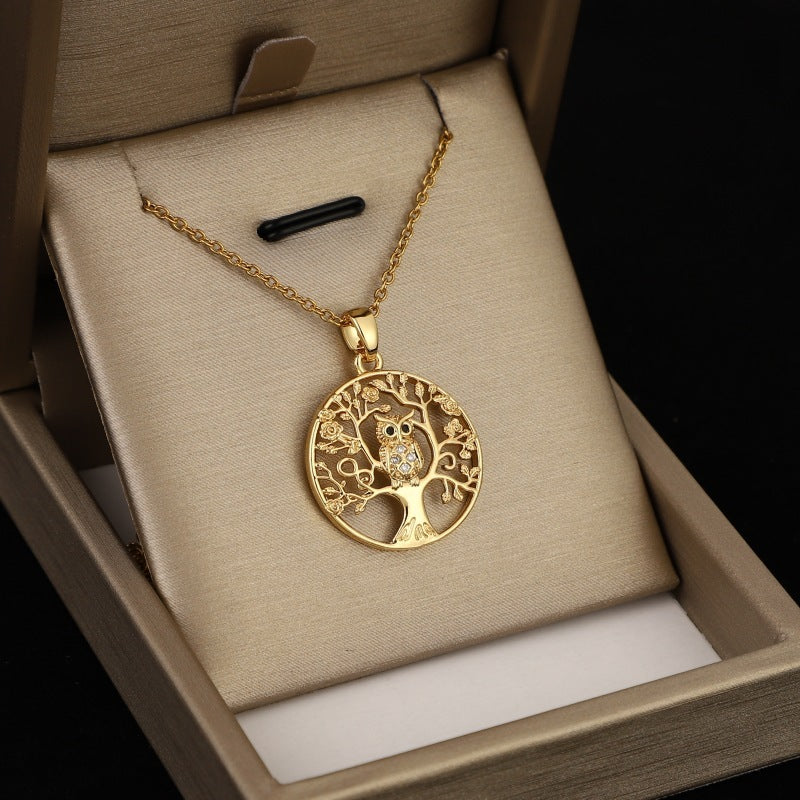 Gold Lucky Tree Owl Pendant Necklace Temperament Entry Lux