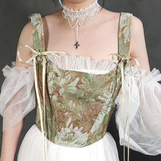 Women's Vintage Cropped Tie-Up Print Corset Top