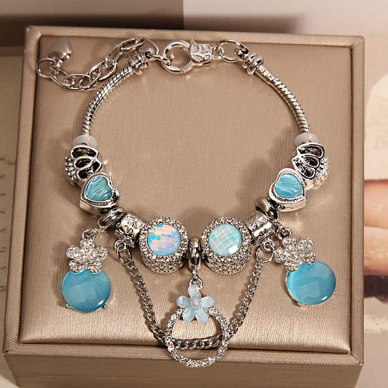 Women's Mori Style Pink Cat's Eye Cute Flowers Pendant Bracelet