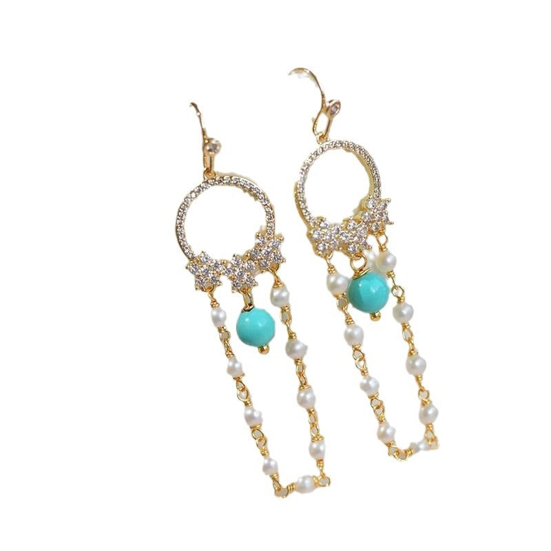 Gorgeous Sterling Silver Pearl Turquoise Ear Fashion Social Goddess Temperament Hipster Ear Shape