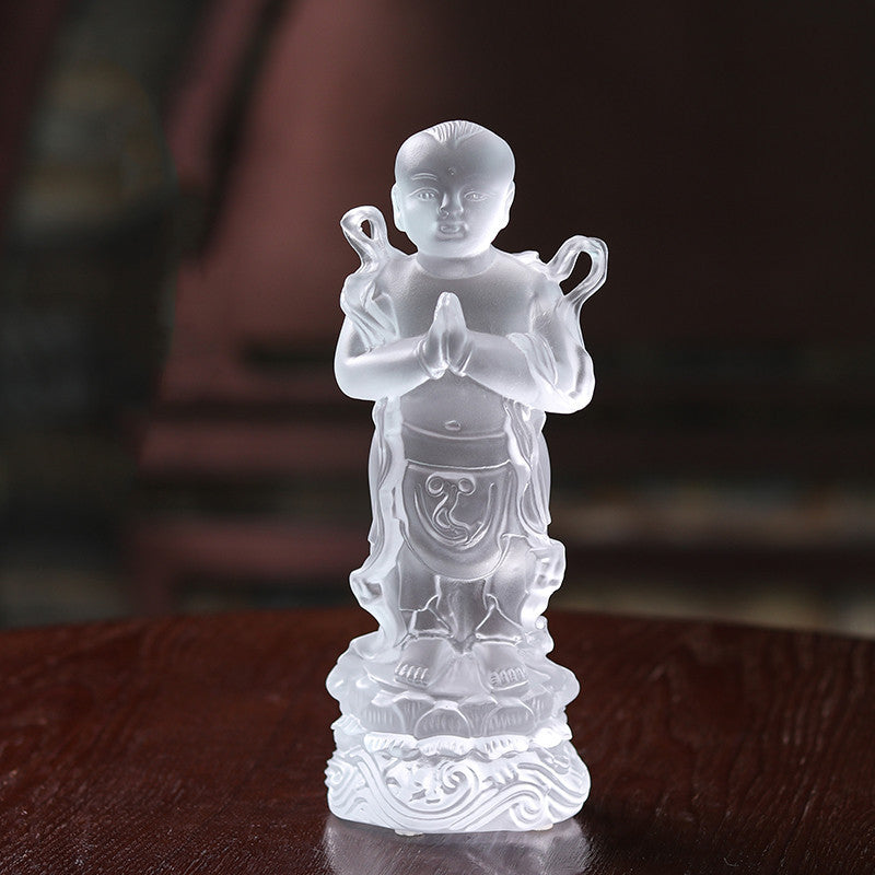 Verre coloré Envoi Fils Avalokitesvara Bouddha Statue Golden Boy Et Jade Fille Ornement