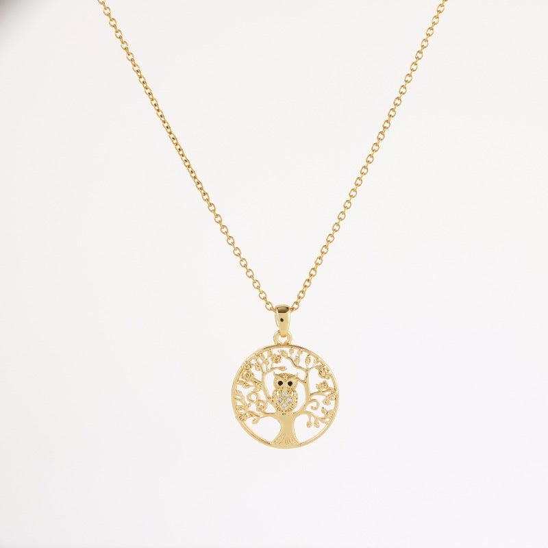 Gold Lucky Tree Owl Pendant Necklace Temperament Entry Lux