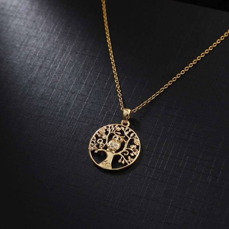 Gold Lucky Tree Owl Pendant Necklace Temperament Entry Lux