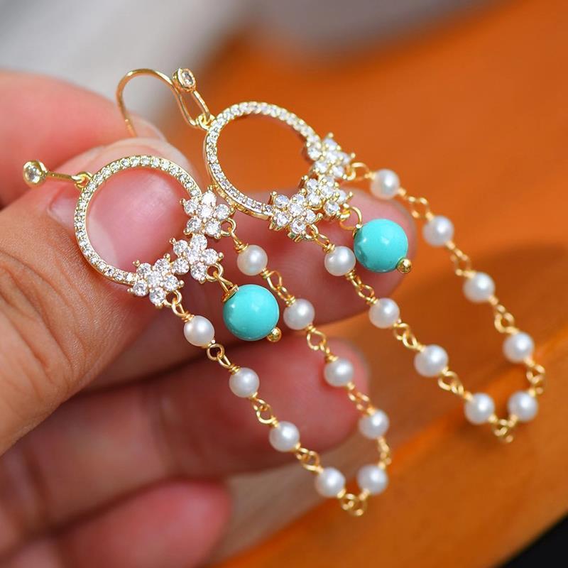 Gorgeous Sterling Silver Pearl Turquoise Ear Fashion Social Goddess Temperament Hipster Ear Shape