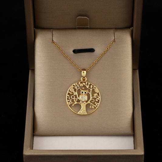 Gold Lucky Tree Owl Pendant Necklace Temperament Entry Lux