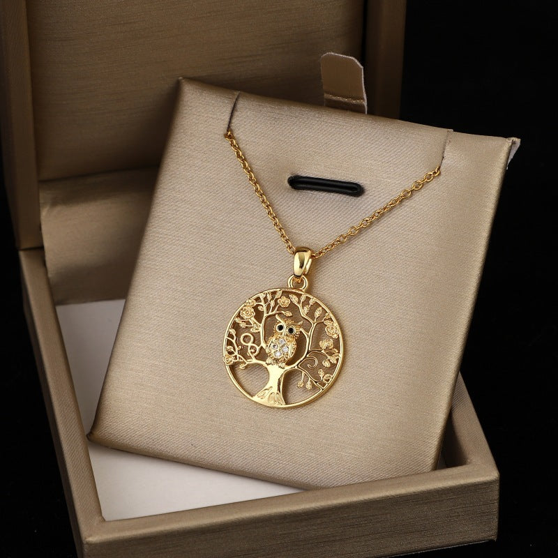 Gold Lucky Tree Owl Pendant Necklace Temperament Entry Lux