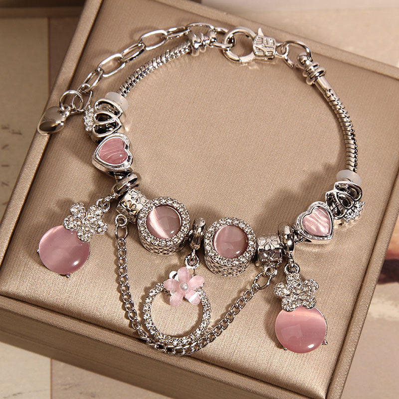 Women's Mori Style Pink Cat's Eye Cute Flowers Pendant Bracelet